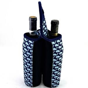 Double Wine Bottle Carrier Neoprene Fabric Whale Coastal Tropical Summer Travel